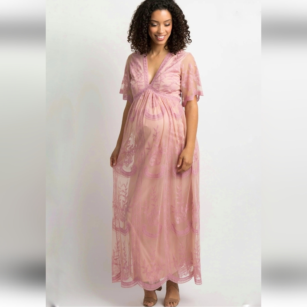 NEW Pinkblush Lace Overlay Maxi Dress Warm Pink Size S Maternity